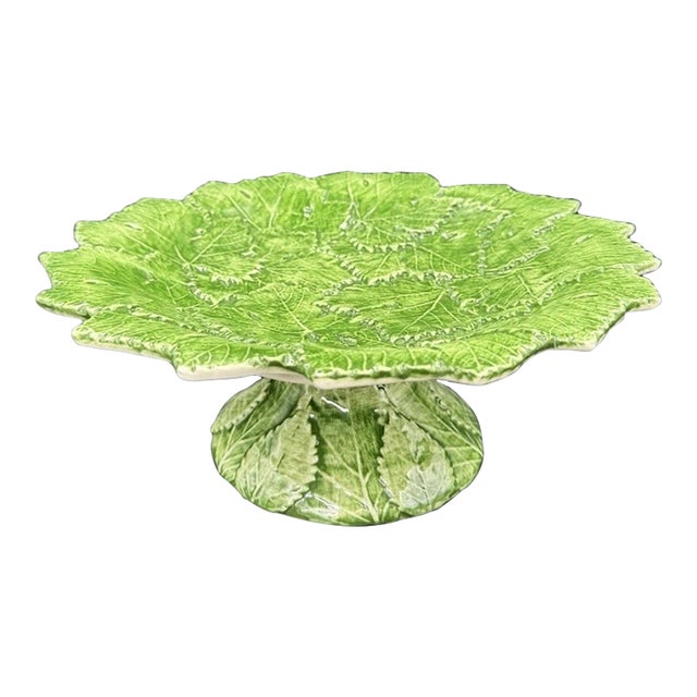 Vintage Mid-Century Modern Italian Majolica Leaf Cake Stand Platter For Sale