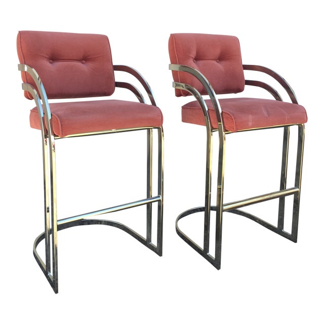 Midcentury Brown Chair Bars Style mid century modern milo baughman style gold chrome cantilever bar stools set of 2
