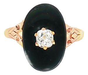 19th Century Victorian 10k Yellow Gold Black Onyx and Old Mine Cut Diamond Mourning Ring, Size 6