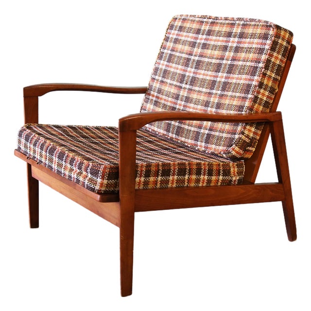 Vintage Plaid Lounge Chair Slat Wood Back For Sale