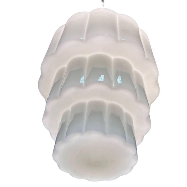 1930s 1930s Art Deco Chrome Streamline Pendant Light W/ Stepped Milk Glass Skyscraper Shade For Sale - Image 5 of 6