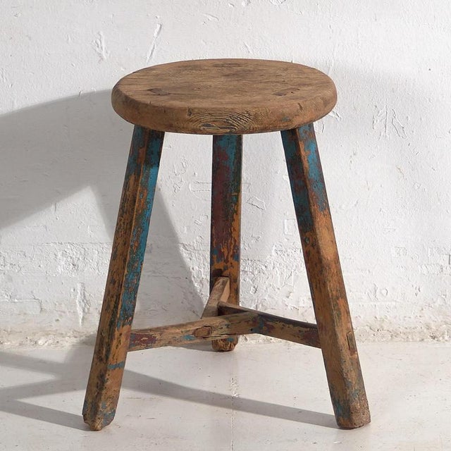 Brown Antique Stool with Sky Blue Patina, 1900 For Sale - Image 8 of 8