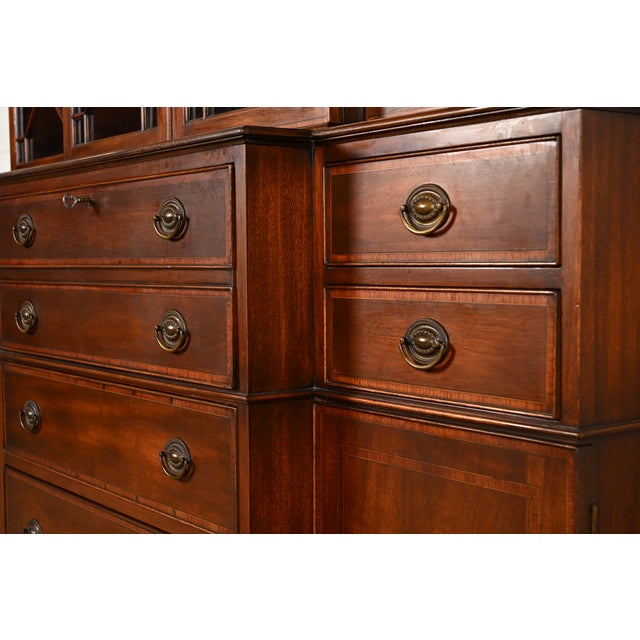 Baker Furniture Style Federal Carved Mahogany Breakfront Bookcase Cabinet With Secretary Desk, Circa 1940s For Sale - Image 11 of 16