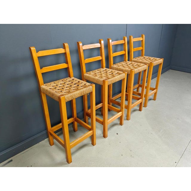 Tan Vintage Oak and Papercord Bar Stools, 1960s, Set of 4 For Sale - Image 8 of 15