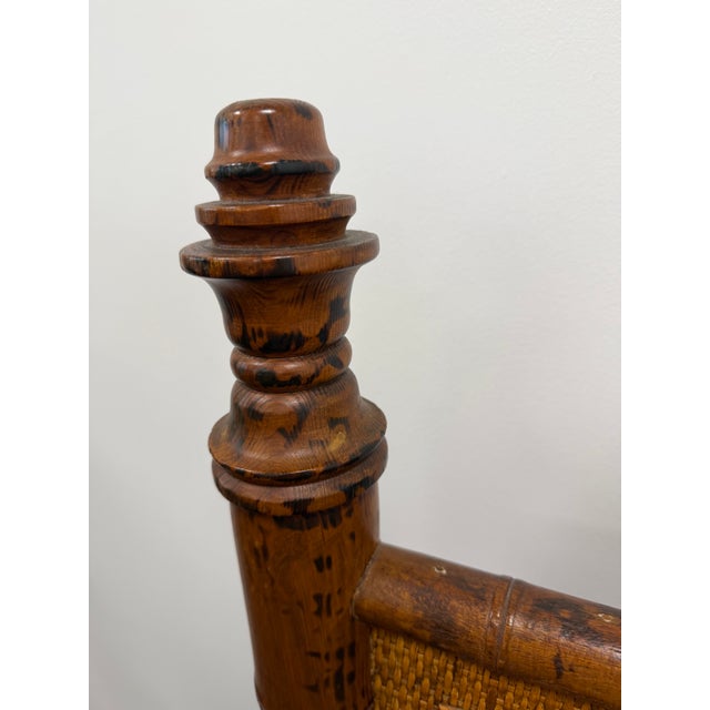 Vintage British Colonial Style Faux Tortoise Bamboo & Woven Rattan Queen Bed For Sale - Image 9 of 12