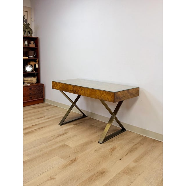 John Stuart Vintage John Stuart MCM Burlwood Executive Desk Bronze Legs Glass Top Collectable For Sale - Image 4 of 13