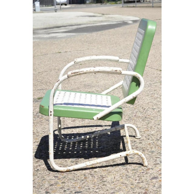 Art Deco Early 20th Century Metal Basketweave Green White Porch Outdoor Spring Arm Chair For Sale - Image 3 of 9