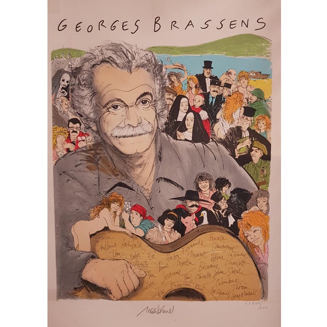 Roger Brunel, Brassens, 1980, Original Lithograph For Sale