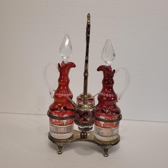 Bohemian Oil, Vinegar, Salt, and Pepper Set in Crystal and Silver-Plated Metal from Convoy, Czech Republic, 1940s For Sale - Image 4 of 18