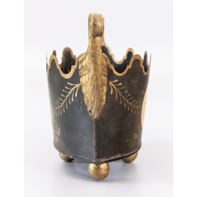 Antique Neoclassical French Tole Black and Gilt Cache Pot Jardiniere For Sale In Houston - Image 6 of 10