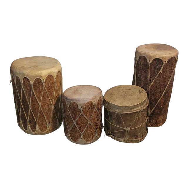 1920s Collection of Four Wood and Leather Drums For Sale