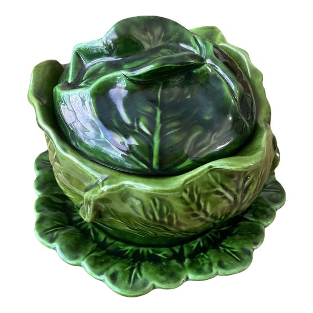 Vintage 1970s Holland Mold Majolica Ceramic Cabbage Bowl With Lid and