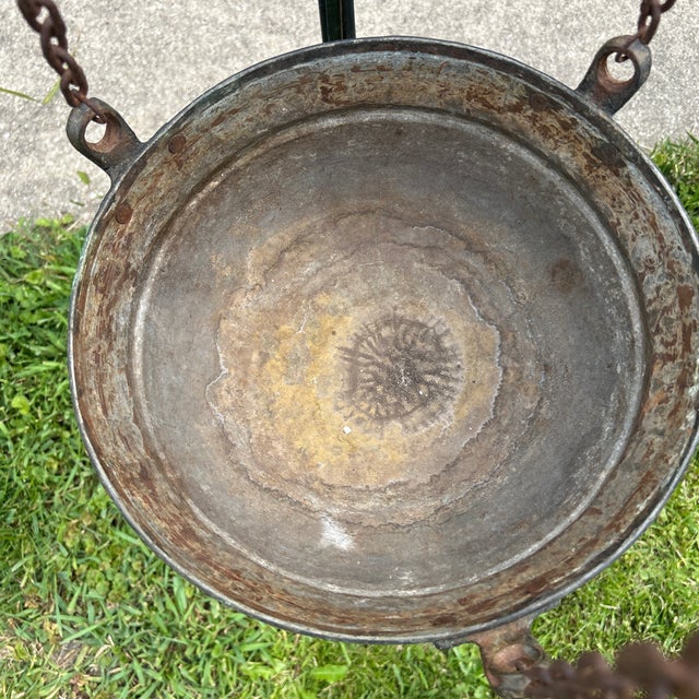 Rustic Antique Handmade Silver on Copper Handing Cauldron/Pot on Rusted Iron Chain For Sale - Image 3 of 12