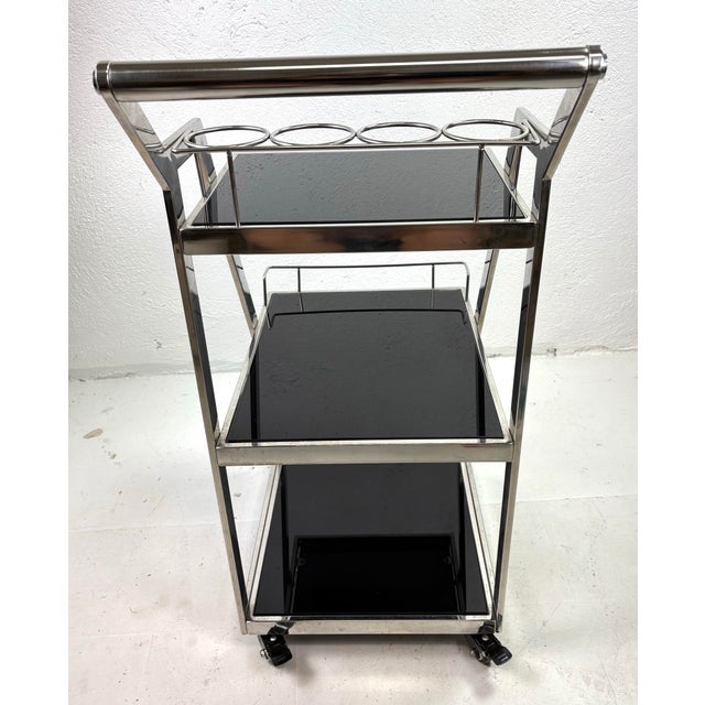 Vintage Chrome and Black Glass Bar Trolley After Ralph Lauren For Sale In Philadelphia - Image 6 of 11