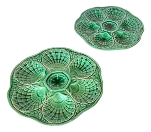 20th Century French Green Majolica Plates from Sarreguemines, Set of 2