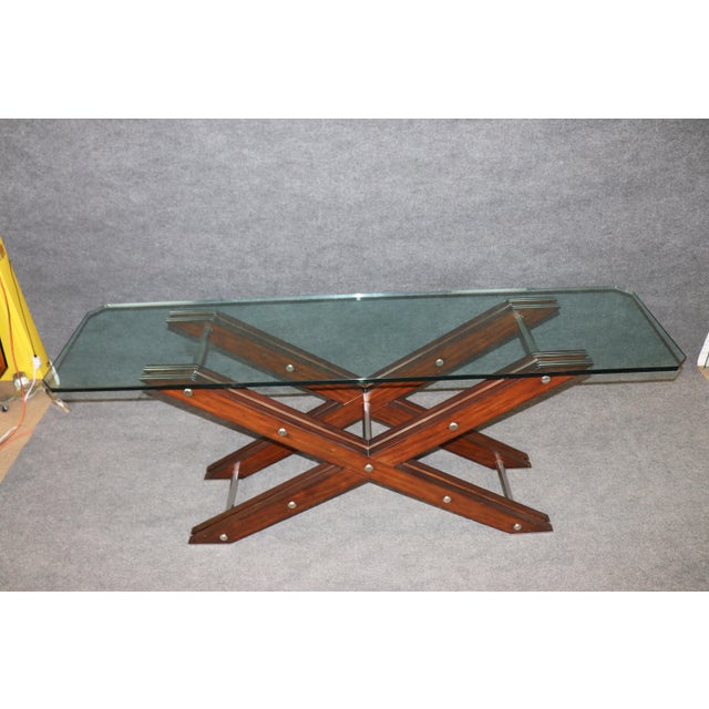 Post Modern Contemporary Wood Steel and Glass Console Table For Sale - Image 4 of 10