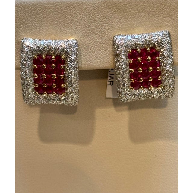 Ruby Red Estate 3 Ct Ruby & 3 Ct Diamonds Square Post Earrings 18 Karat Yellow Gold 13.5G For Sale - Image 8 of 18