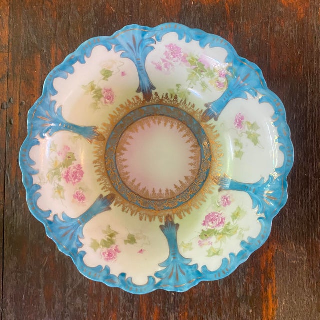 Prussia Plate and Bowl Set Hand Painted Vibrant Blue Border With Gold Accents For Sale - Image 12 of 16