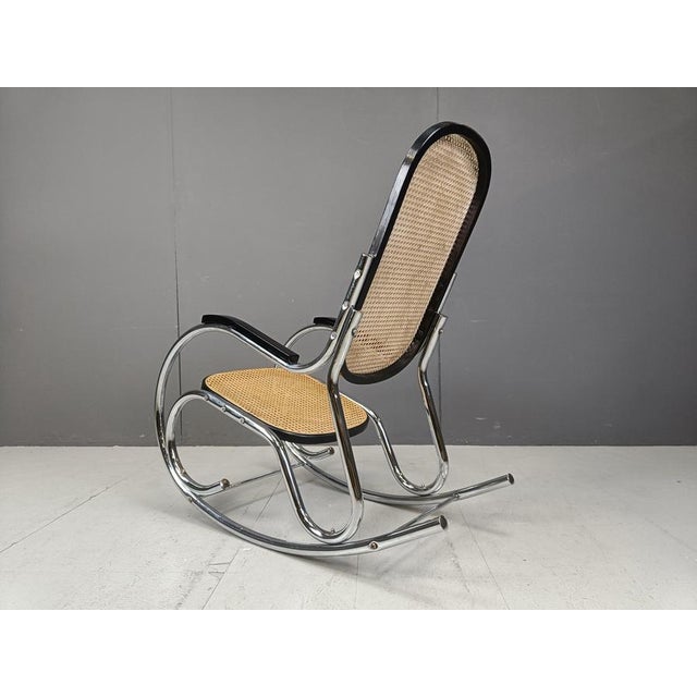 Wood Vintage Chrome and Rattan Rocking Chair, 1960s For Sale - Image 7 of 11