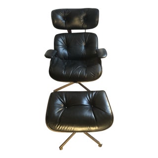 Mid Century Selig Black Leather & Wood Lounge Chair & Ottoman For Sale