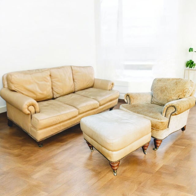 2000 - 2009 Timeless Elegance of a Liz Claiborne Leather Sofa With the Charm of a Lillian August Armchair and Ottoman. For Sale - Image 5 of 12
