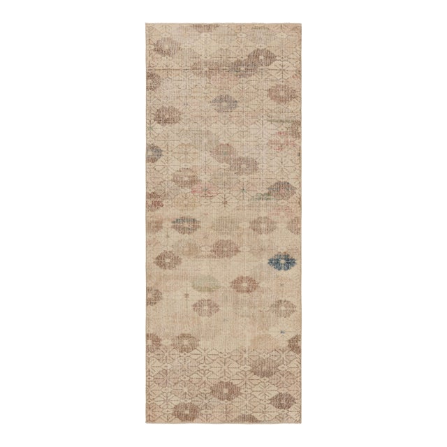 Vintage Distressed Runner Rug, Beige-Brown Geometric Floral Pattern - Rug & Kilim For Sale