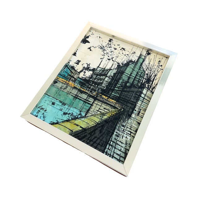 Metal Original Enzo Linca Brutalist Architectural Cityscape Painting in Original Aluminum Frame For Sale - Image 7 of 9