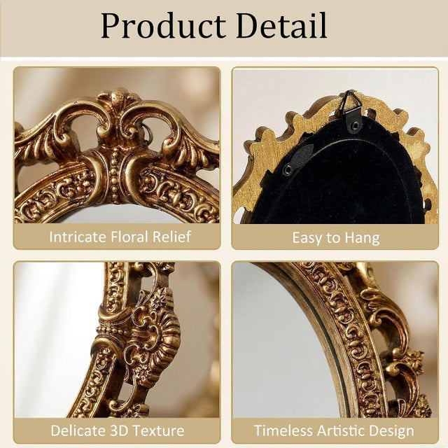 Farmhouse Vintage Gold Oval Mini Vanity Mirror With Embossed Frame For Sale - Image 3 of 4