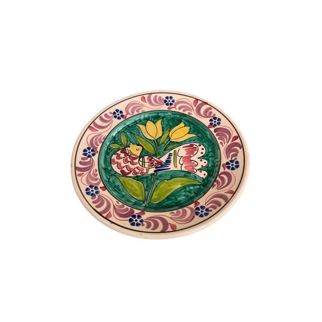 Vintage Hand-Painted Mediterranean Terracotta Ceramic Wall Plate – Bird & Tulip Motif For Sale - Image 4 of 12