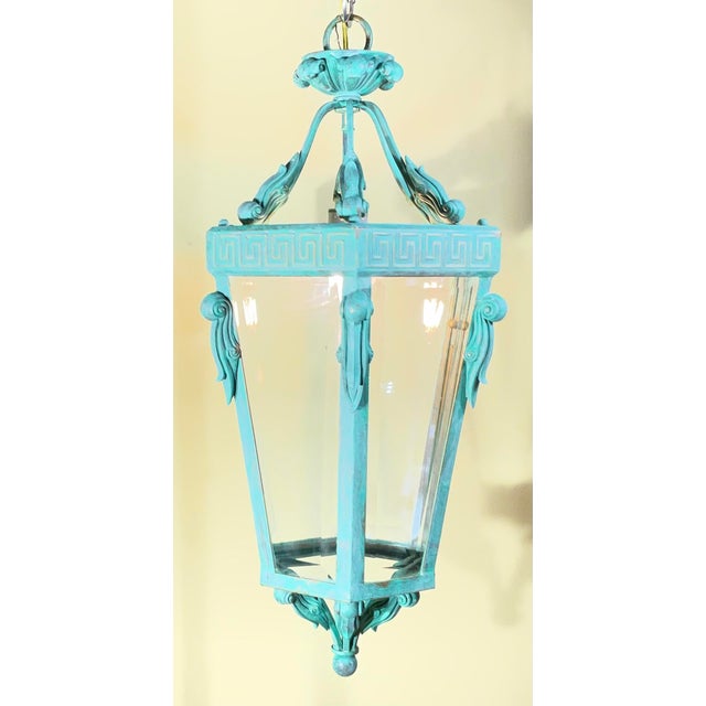 Vintage Neoclassical Verdigris Lantern – Greek Key Detail – Restored & Rewired For Sale In Miami - Image 6 of 15