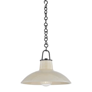 Hudson Valley Lighting Pottersville 12.5 in. 1 Light Pendant in Distressed Bronze and Ceramic Ivory Crackle Finish For Sale