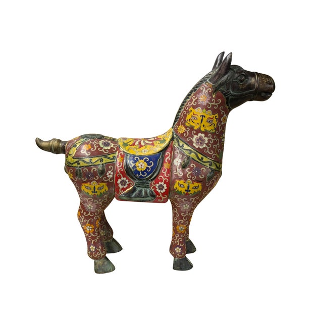 1970s Vintage Oriental Chinese Reddish Maroon Cloisonne Metal Horse Figure A For Sale - Image 5 of 16