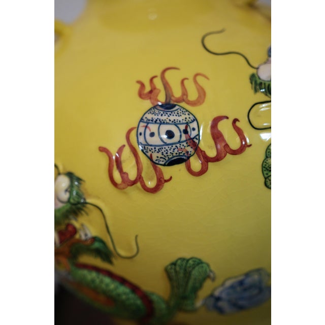 Ceramic 1990s Dragon in Flight through Clouds on Large Yellow Jar For Sale - Image 7 of 10