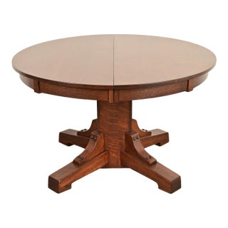 Stickley Brothers Antique Mission Oak Arts & Crafts Pedestal Extension Dining Table, Newly Refinished For Sale