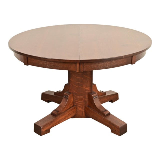 Stickley Brothers Antique Mission Oak Arts & Crafts Pedestal Extension Dining Table, Newly Refinished For Sale