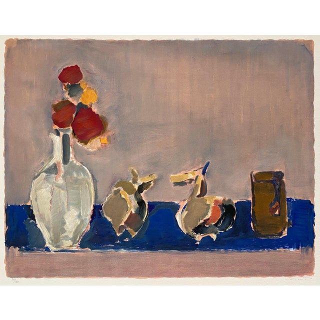 Efraim Fima, Chinese Israeli Modernist Still Life Lithograph Abstract Flowers in Vase For Sale