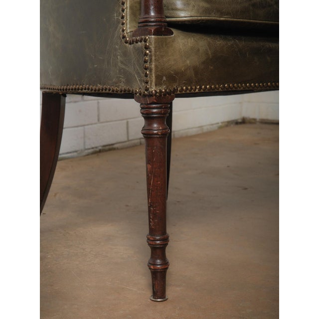 Mid 20th Century Pair of Vintage Green Leather Barrel Chairs With Turned Wood Legs Nailhead Trim For Sale - Image 5 of 6