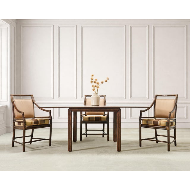 A handsome set of four genuine labeled "Target" upholstered back dining armchairs made in the California coastal organic...