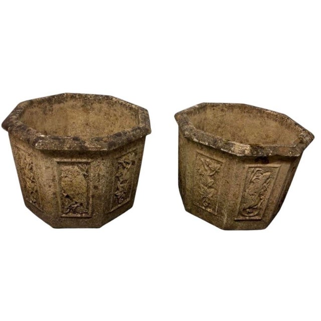 Enhance your garden, terrace, or entryway with this exquisite pair of vintage octagonal/hexagonal cast stone planters,...