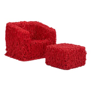 Gaetano Pesce “Senzafine” Armchair and Pouf in Red Polyurethane For Sale