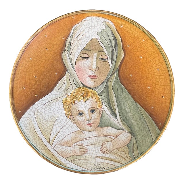 1973 Vincente Tiziano Italian Art Pottery Mother & Child Wall Plate For Sale