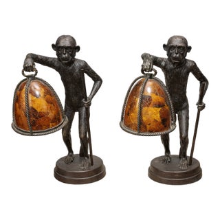 Vintage Figural Monkey Lantern Table Lamps With Amber Glass Shades – Pair For Sale