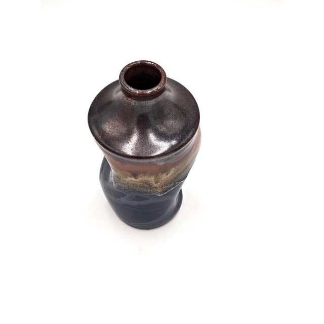 Mid-Century Modern Wavy Hand-Thrown Signed Studio Vase With Blue and Brown Drip Glaze For Sale - Image 4 of 6