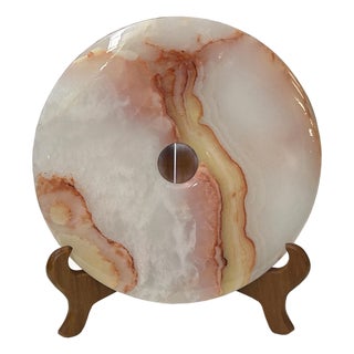 9.75" Natural White Brown Onyx Stone Round Fengshui Home Decor Display For Sale