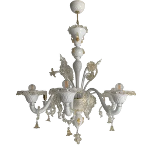Milky and Gold Murano Glass Chandelier With Flowers and Leaves