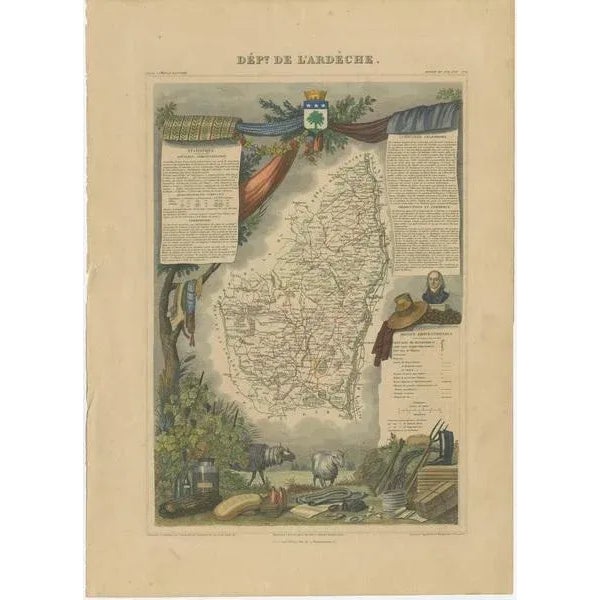 Antique map titled 'Dépt. de l'Ardèche'. Map of the Department of Ardèche, France. This region is known for its fine...