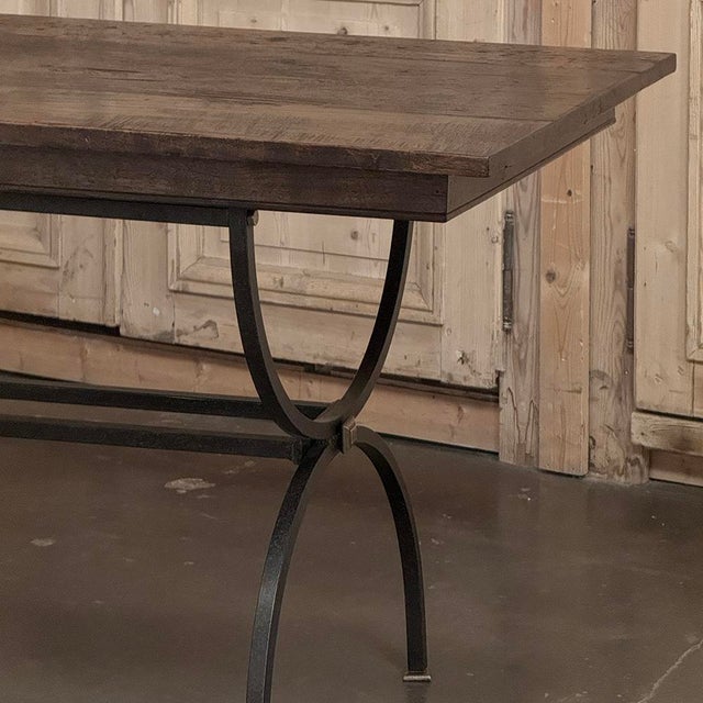 Mid 20th Century Country French Hand Forged Iron Dining Table With Antique Oak Top For Sale - Image 5 of 18