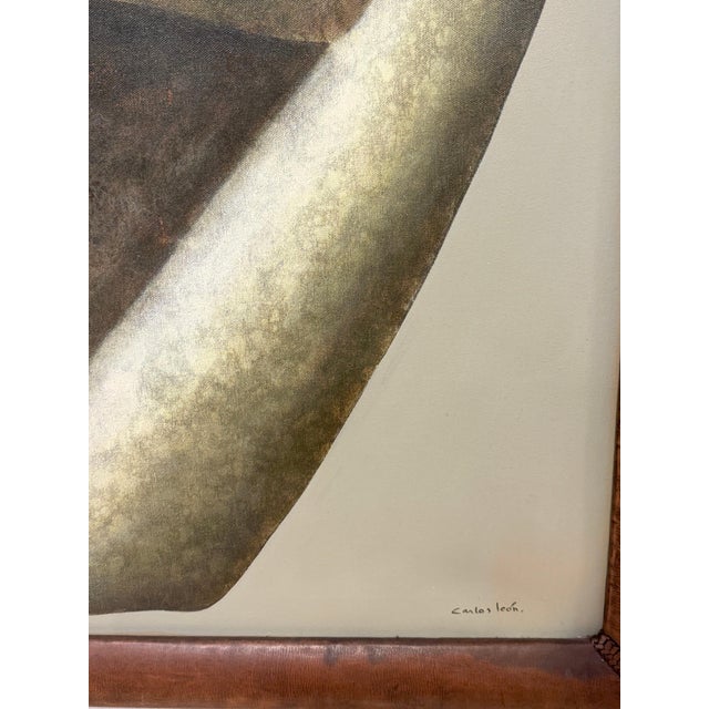 Textile Carlos León Cruz “Untitled” Abstract Oil on Canvas, Custom Leather Frame For Sale - Image 7 of 12