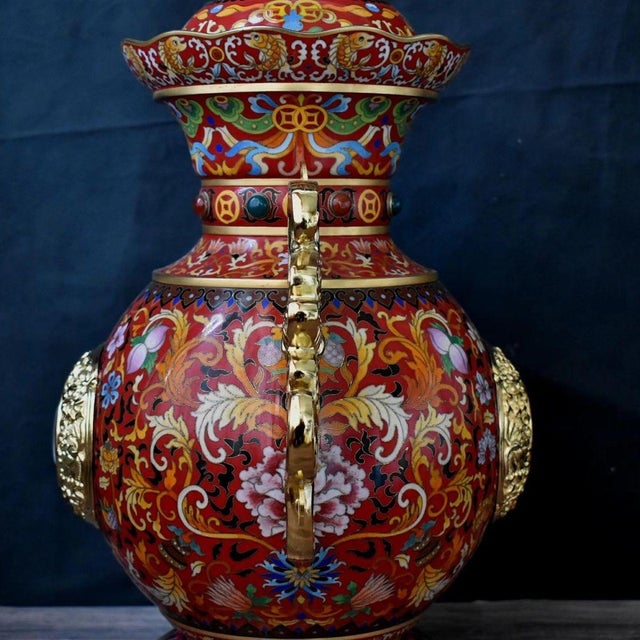 Traditional Early 21st Century "Fortune & Honor" Cloisonné Enamel Vase by Master Mi Zhenxiong for China Gold Coin Inc. For Sale - Image 3 of 9