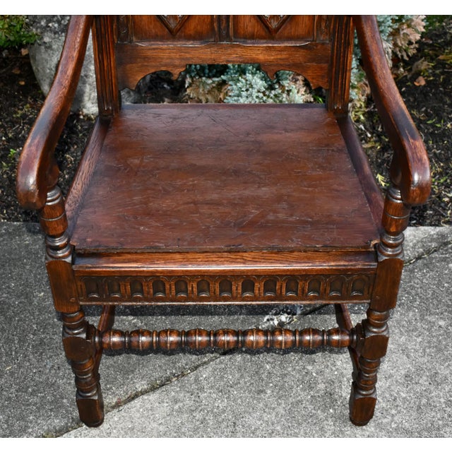 Kittinger Antique Kittinger Solid Oak Carved Tudor Style Chair W/Pillow For Sale - Image 4 of 13